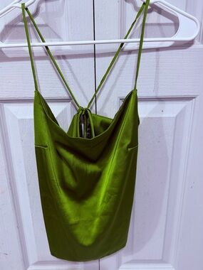 Olive Green Satin Cowl Neck Spaghetti Strap Top